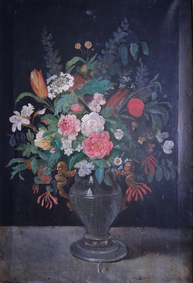 Nature morte bouquet de fleurs dans un vase huile sur toile 19ème-photo-2