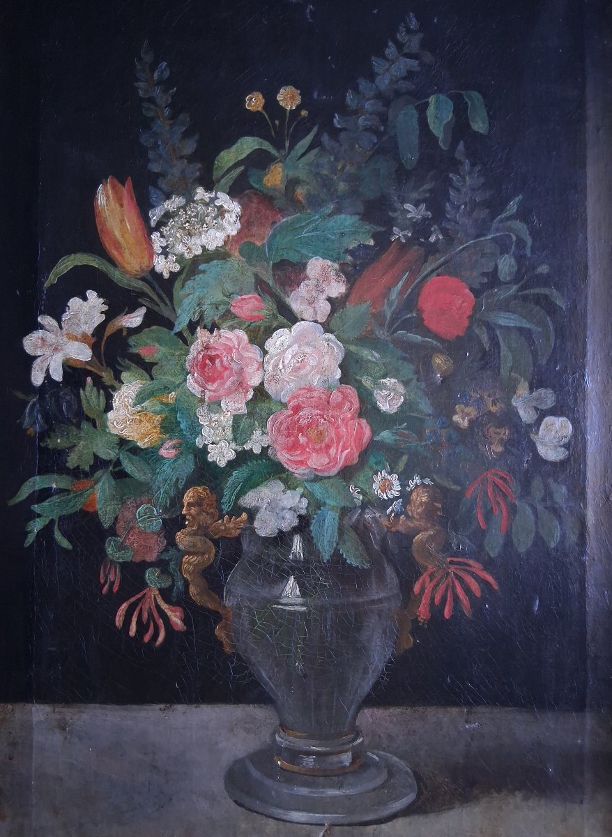 Nature morte bouquet de fleurs dans un vase huile sur toile 19ème-photo-3