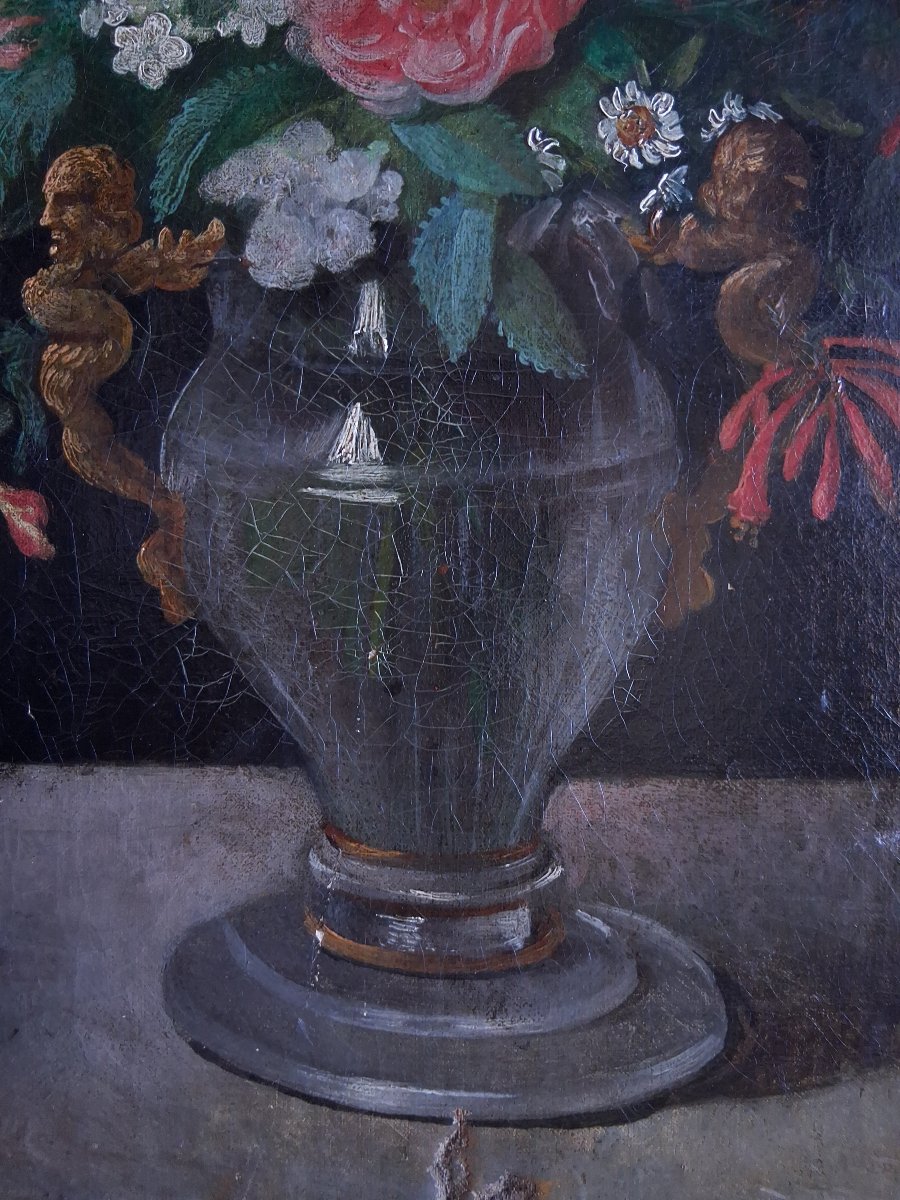 Nature morte bouquet de fleurs dans un vase huile sur toile 19ème-photo-4