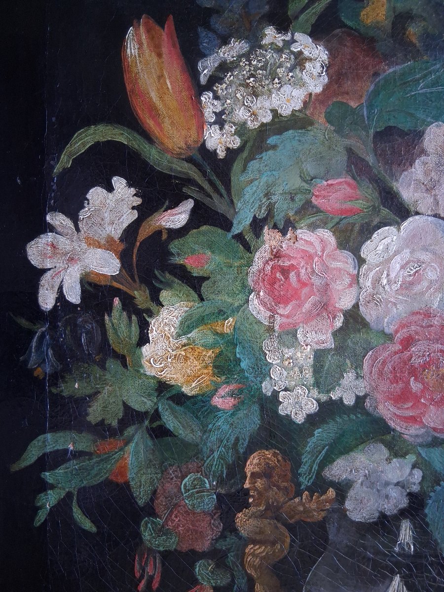 Nature morte bouquet de fleurs dans un vase huile sur toile 19ème-photo-1