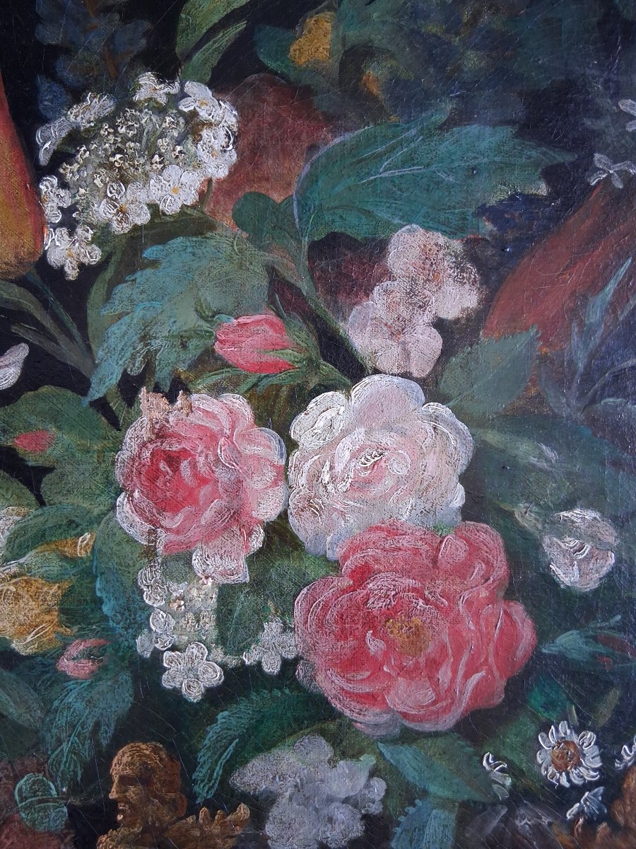 Nature morte bouquet de fleurs dans un vase huile sur toile 19ème-photo-2