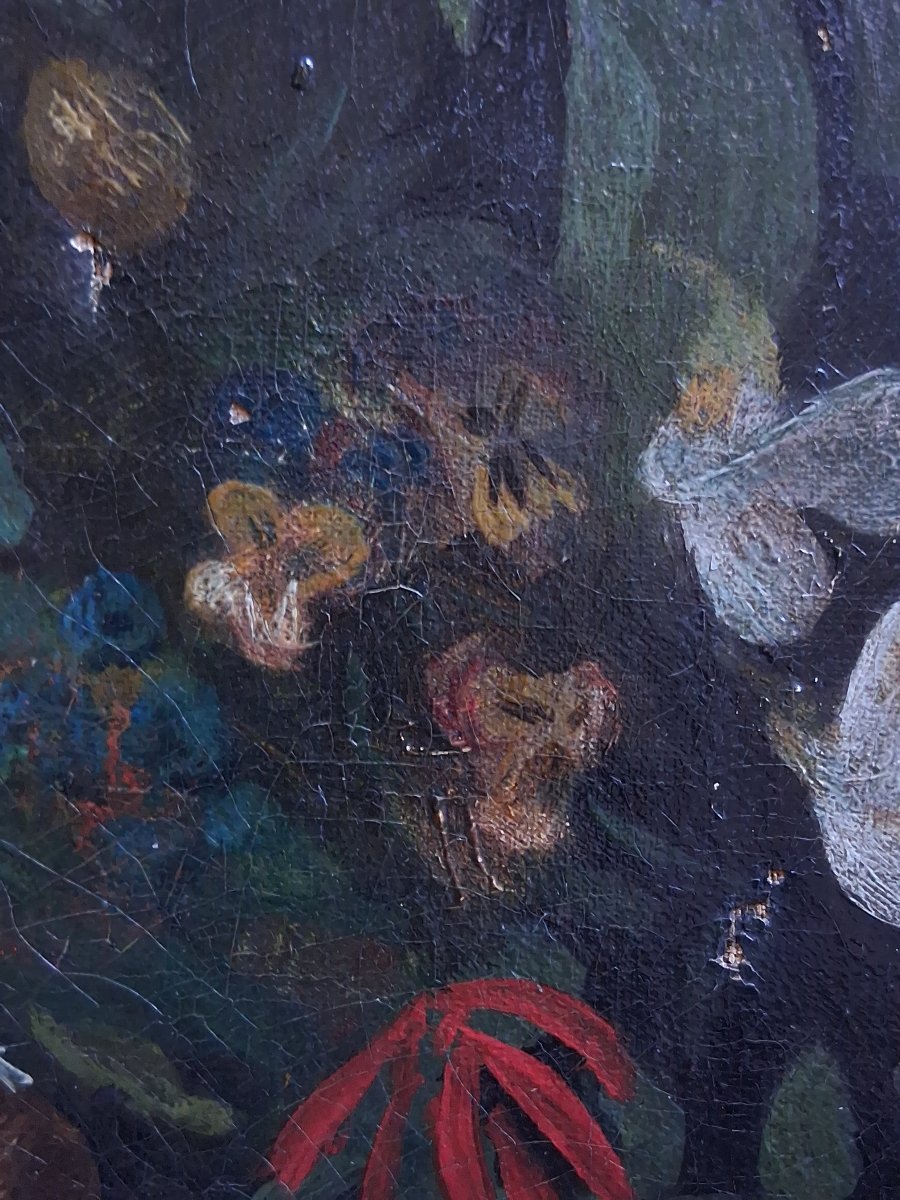 Nature morte bouquet de fleurs dans un vase huile sur toile 19ème-photo-6
