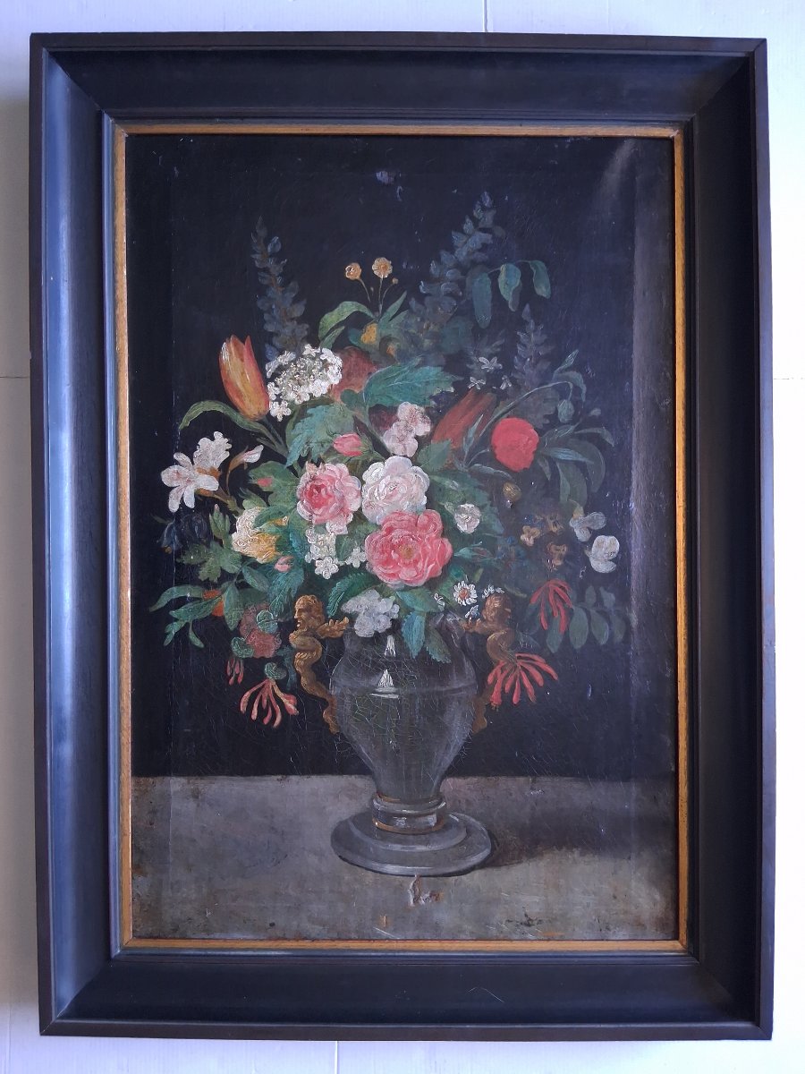 Nature morte bouquet de fleurs dans un vase huile sur toile 19ème
