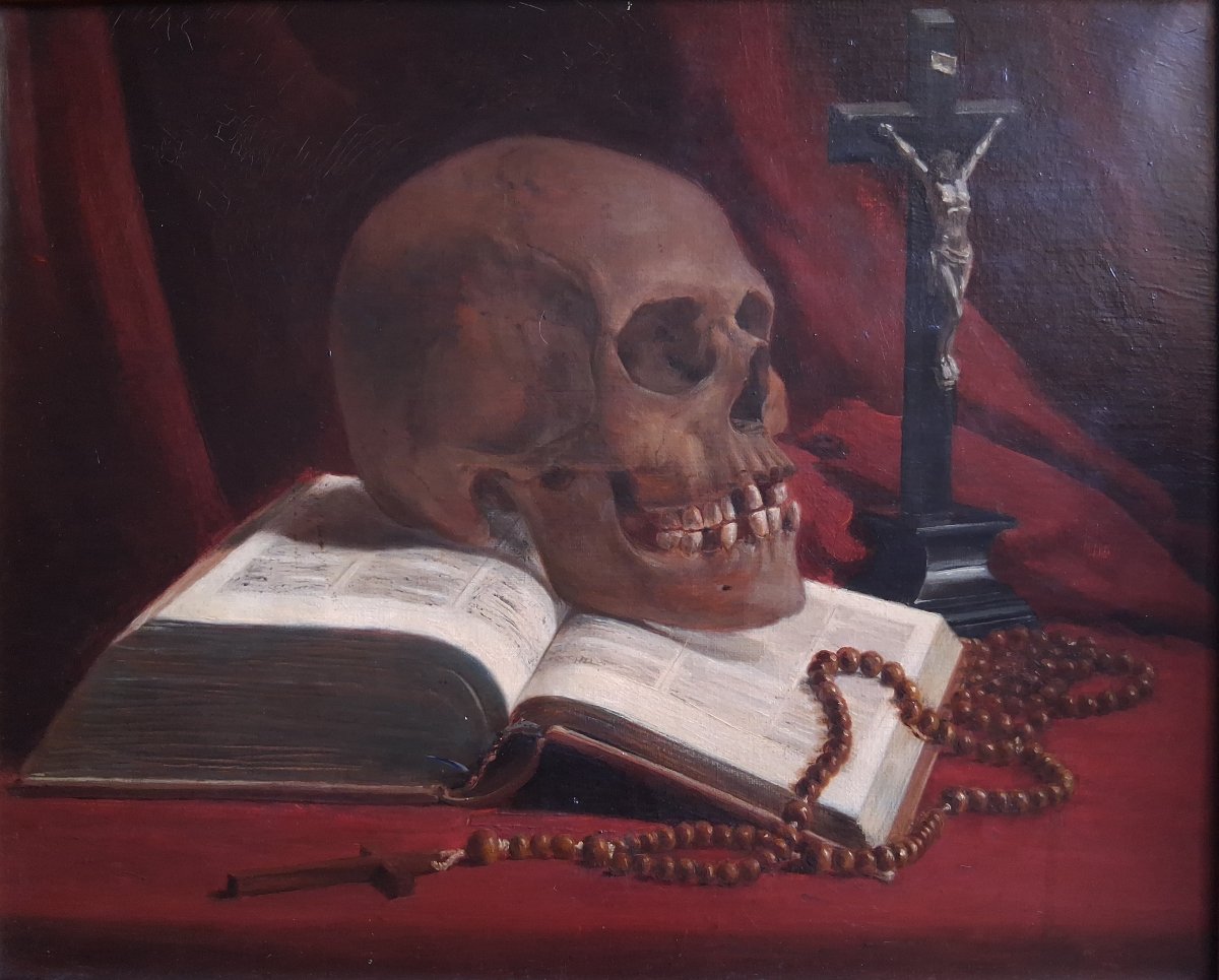 Vanitas Still Life With Skull, Book, Crucifix, And Rosary 19th-century Oil On Canvas -photo-2