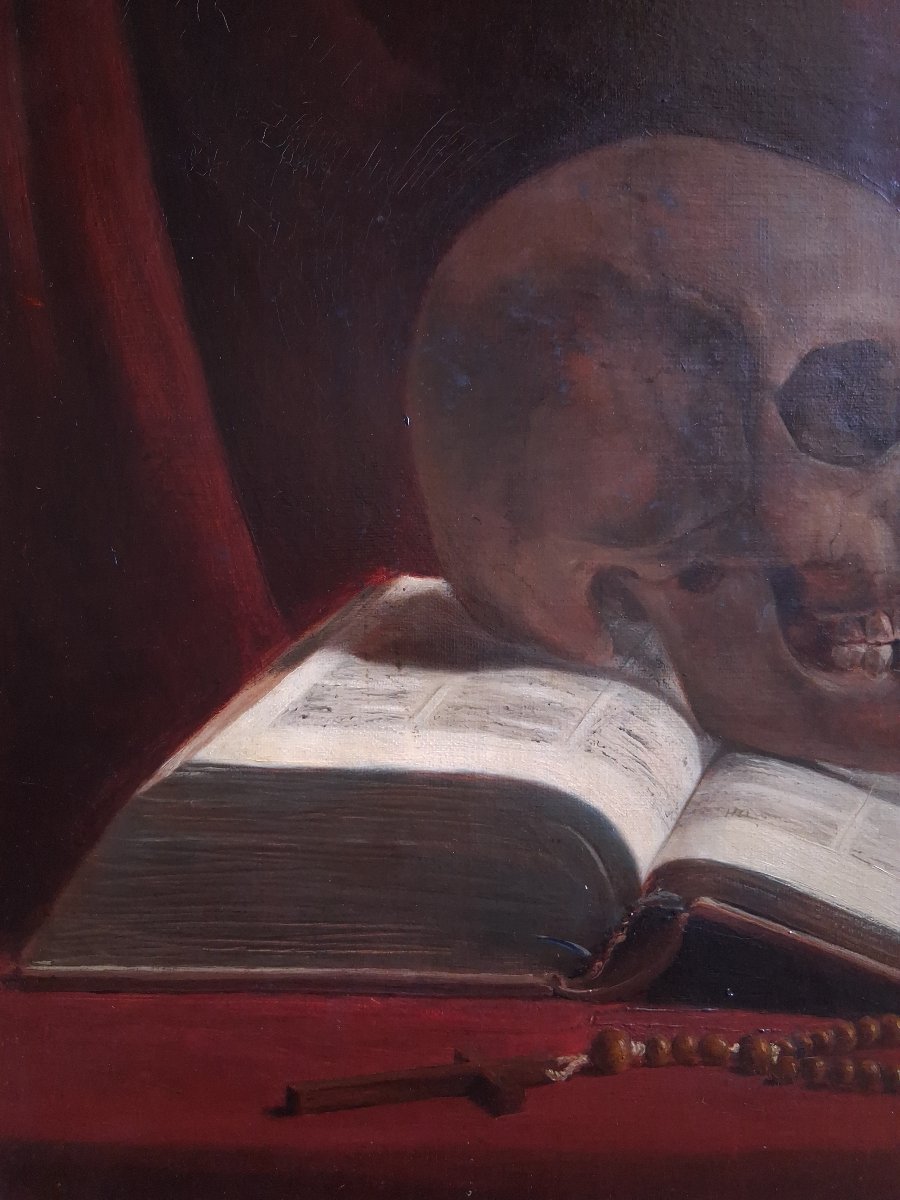 Vanitas Still Life With Skull, Book, Crucifix, And Rosary 19th-century Oil On Canvas -photo-3