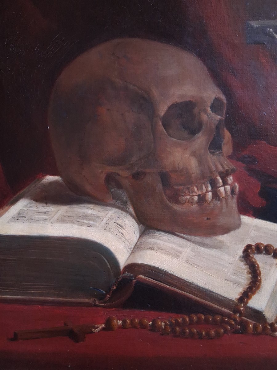 Vanitas Still Life With Skull, Book, Crucifix, And Rosary 19th-century Oil On Canvas -photo-4