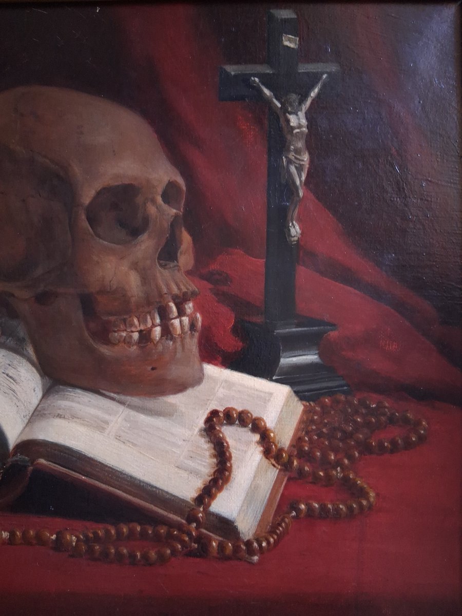 Vanitas Still Life With Skull, Book, Crucifix, And Rosary 19th-century Oil On Canvas -photo-1