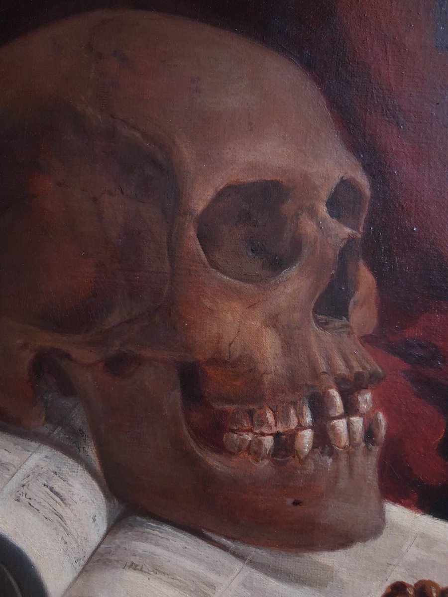 Vanitas Still Life With Skull, Book, Crucifix, And Rosary 19th-century Oil On Canvas -photo-2