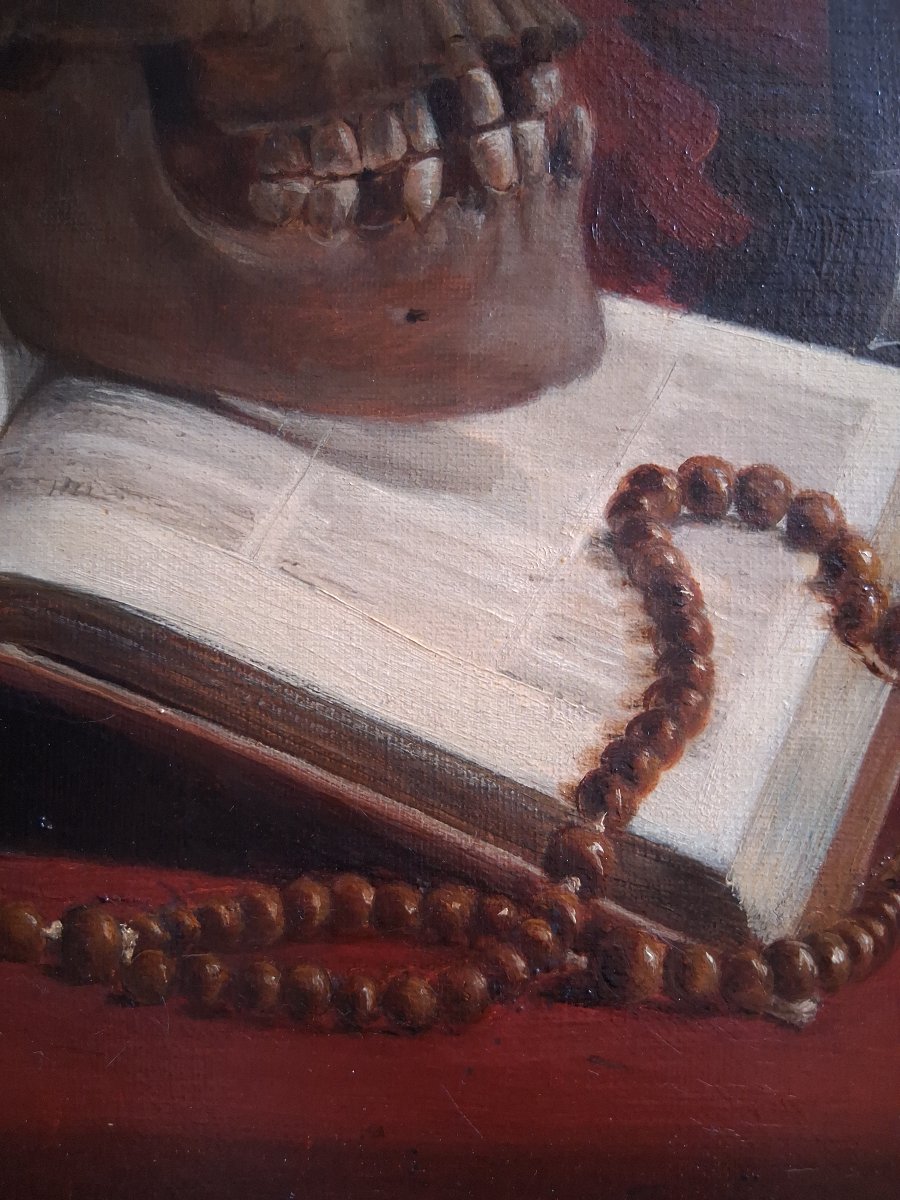 Vanitas Still Life With Skull, Book, Crucifix, And Rosary 19th-century Oil On Canvas -photo-4