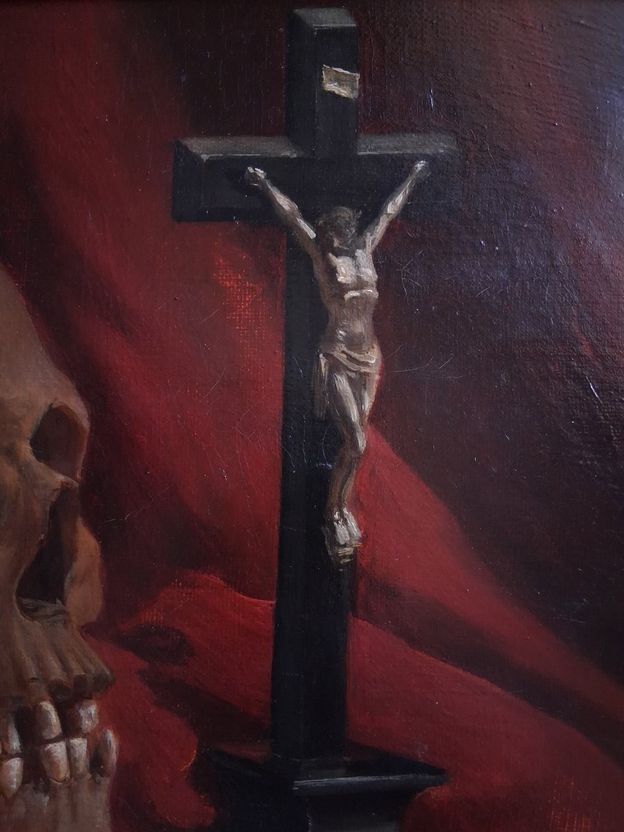 Vanitas Still Life With Skull, Book, Crucifix, And Rosary 19th-century Oil On Canvas -photo-6