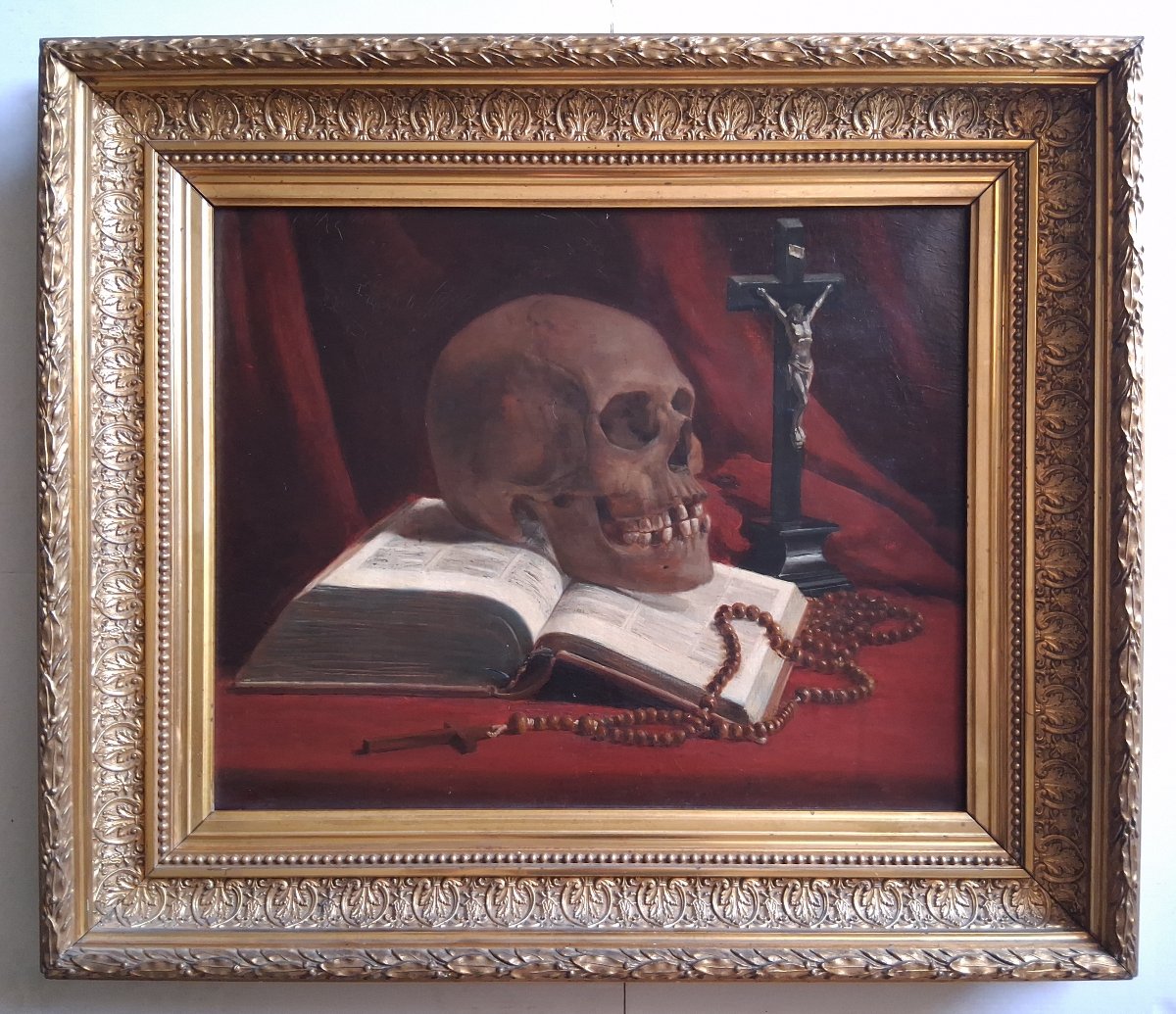 Vanitas Still Life With Skull, Book, Crucifix, And Rosary 19th-century Oil On Canvas 
