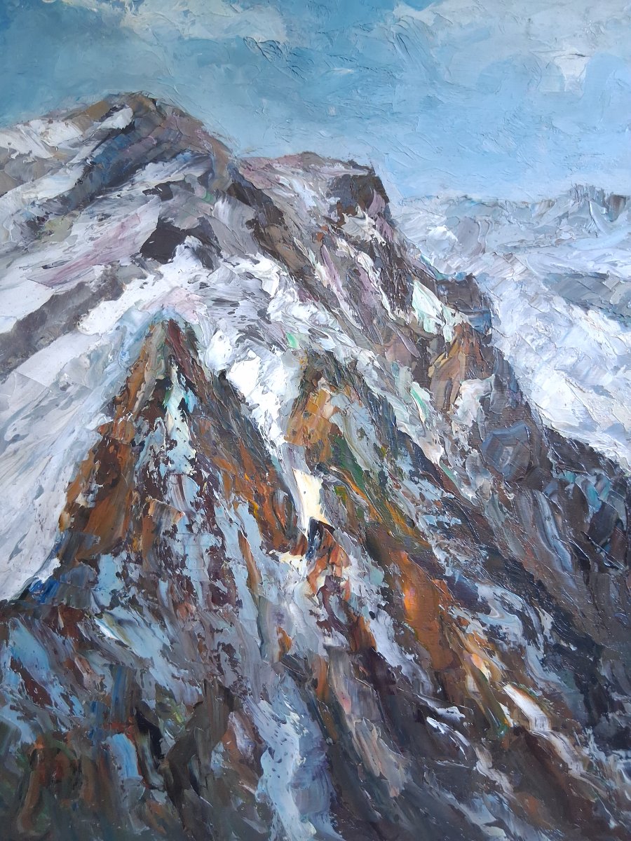 Oil On Wood Panel Snowy Alpine Mountain Landscape Mid-20th Century (signed)-photo-3