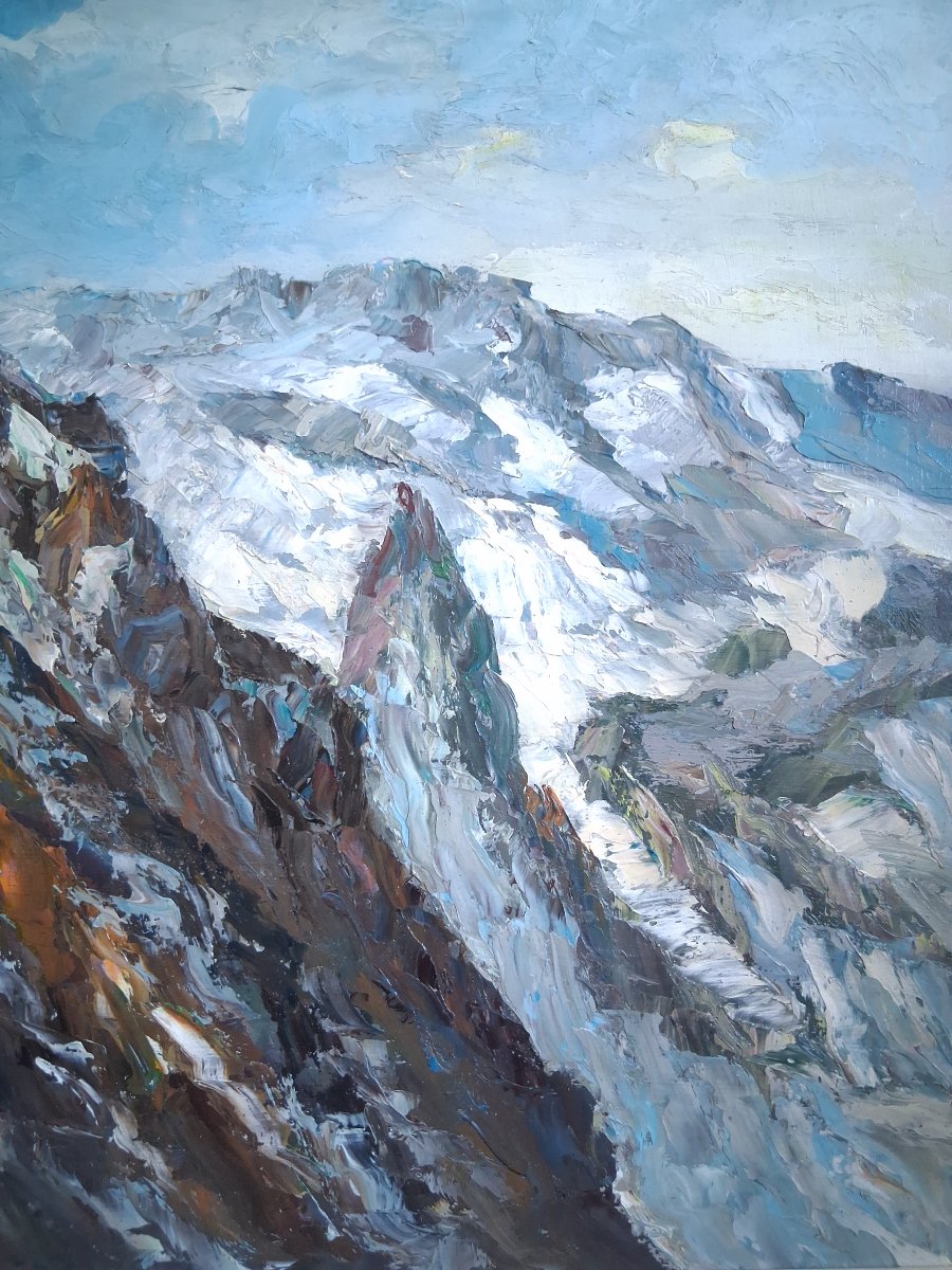 Oil On Wood Panel Snowy Alpine Mountain Landscape Mid-20th Century (signed)-photo-4