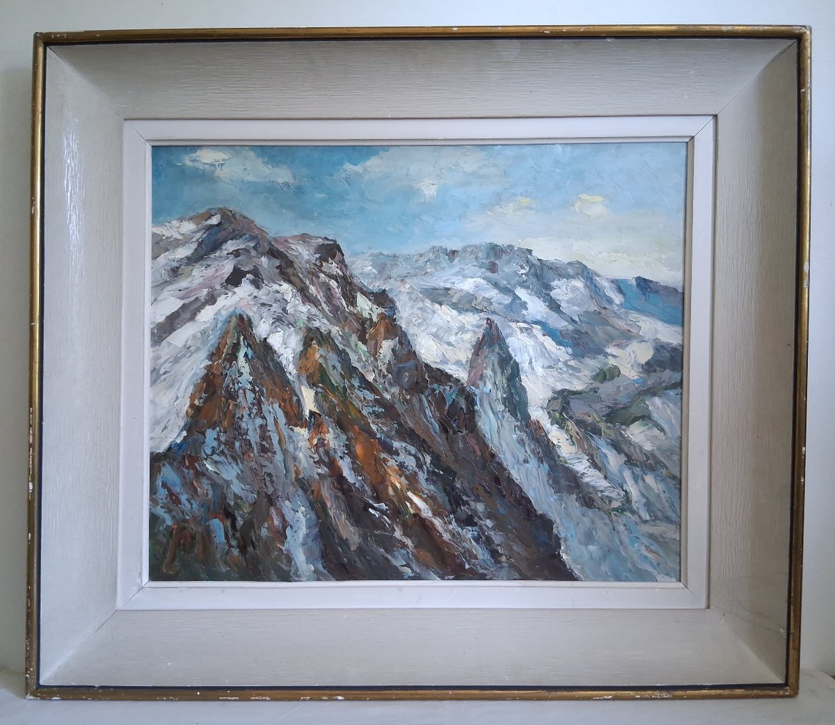 Oil On Wood Panel Snowy Alpine Mountain Landscape Mid-20th Century (signed)-photo-2