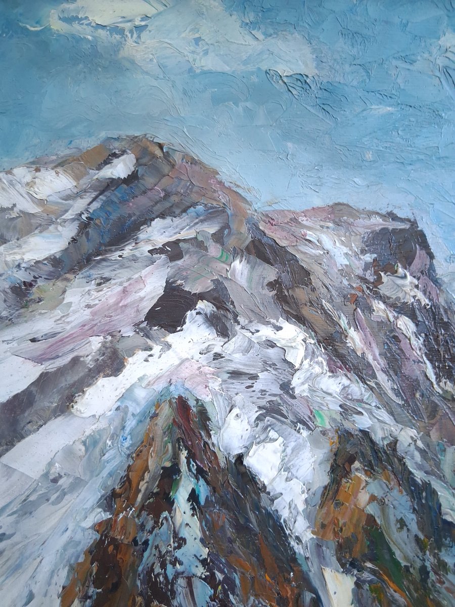 Oil On Wood Panel Snowy Alpine Mountain Landscape Mid-20th Century (signed)-photo-1