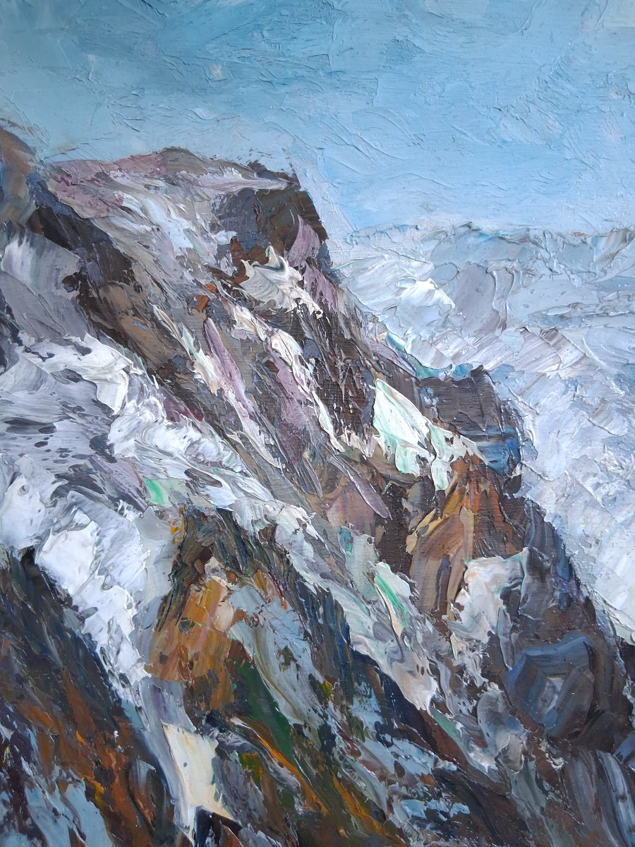 Oil On Wood Panel Snowy Alpine Mountain Landscape Mid-20th Century (signed)-photo-2