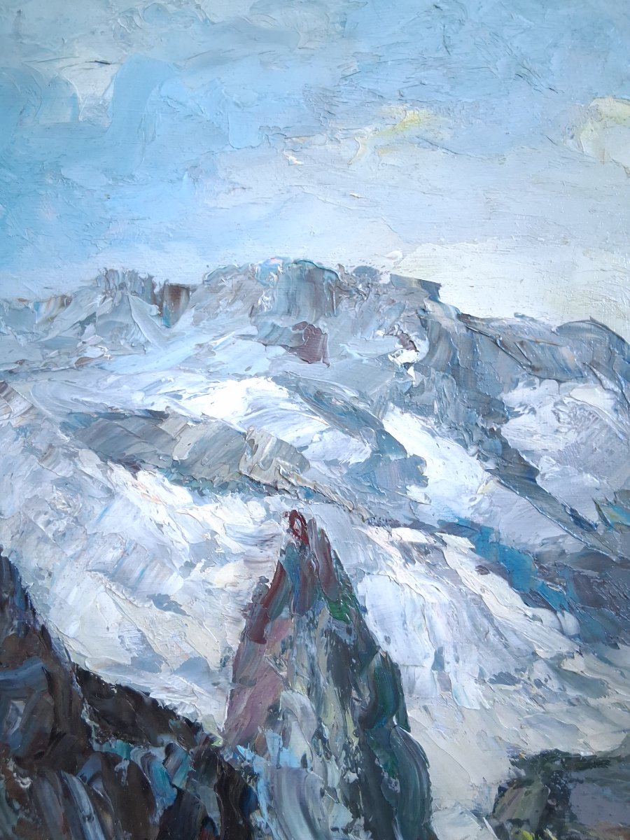 Oil On Wood Panel Snowy Alpine Mountain Landscape Mid-20th Century (signed)-photo-3