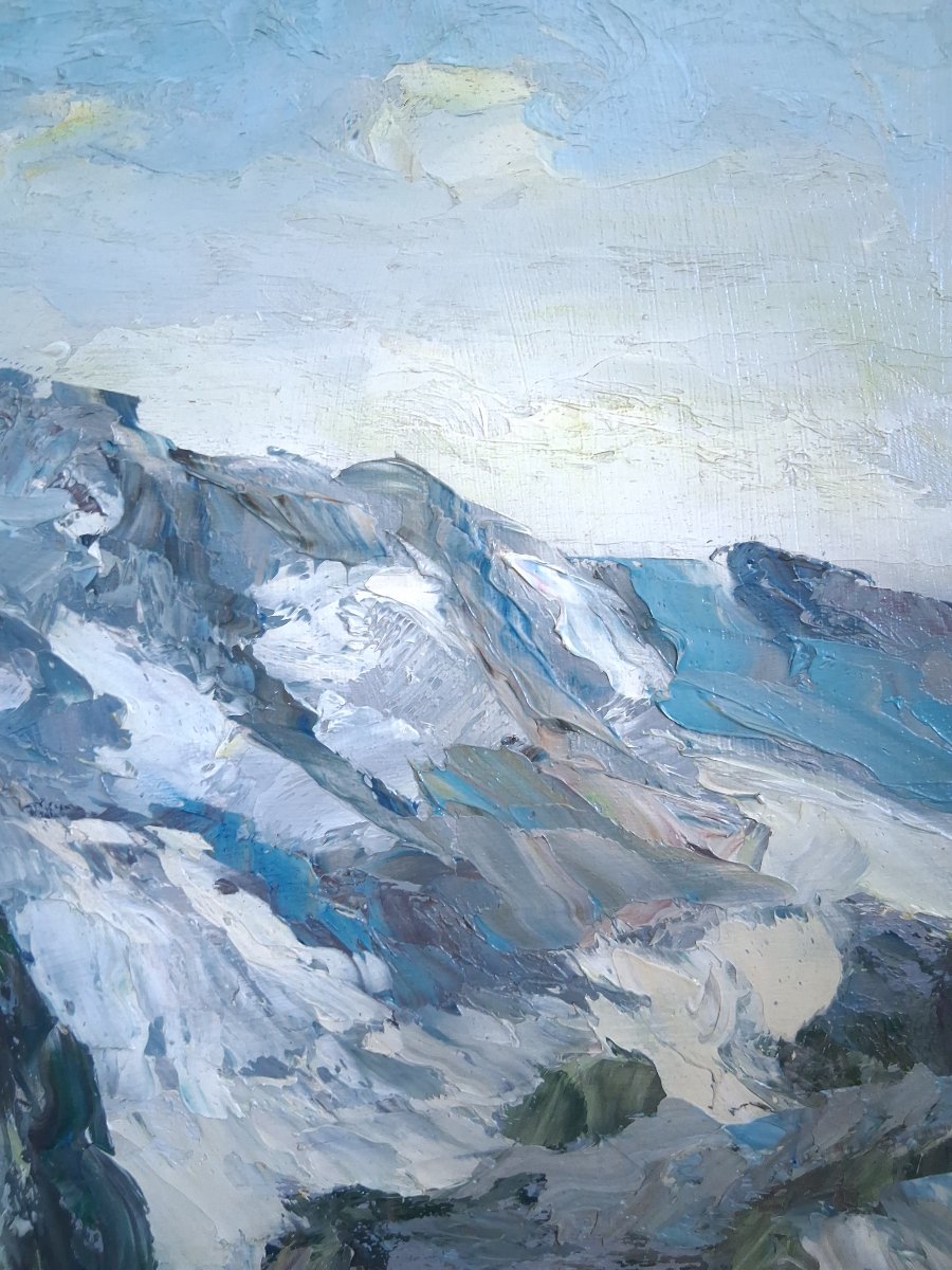 Oil On Wood Panel Snowy Alpine Mountain Landscape Mid-20th Century (signed)-photo-4