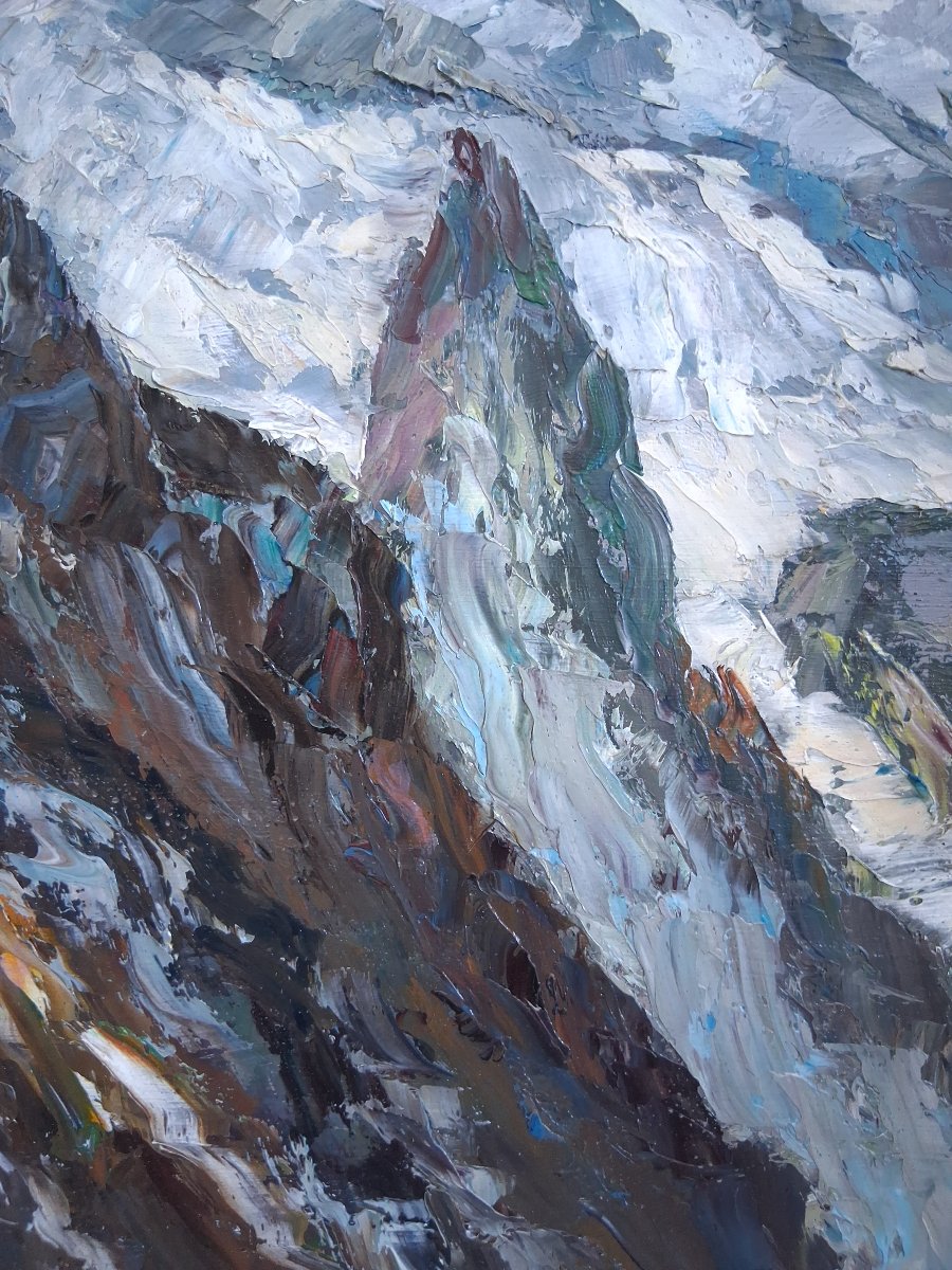 Oil On Wood Panel Snowy Alpine Mountain Landscape Mid-20th Century (signed)-photo-5