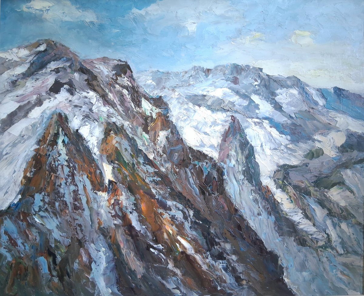 Oil On Wood Panel Snowy Alpine Mountain Landscape Mid-20th Century (signed)