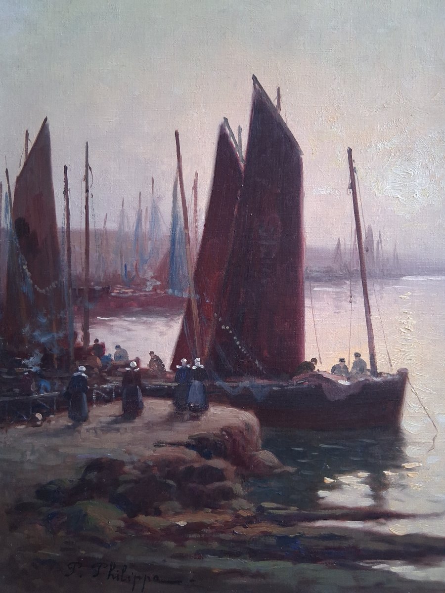 Paul Philippe (1870–1930) Oil On Canvas Marine Port Return From Fishing At Dusk Brittany-photo-3