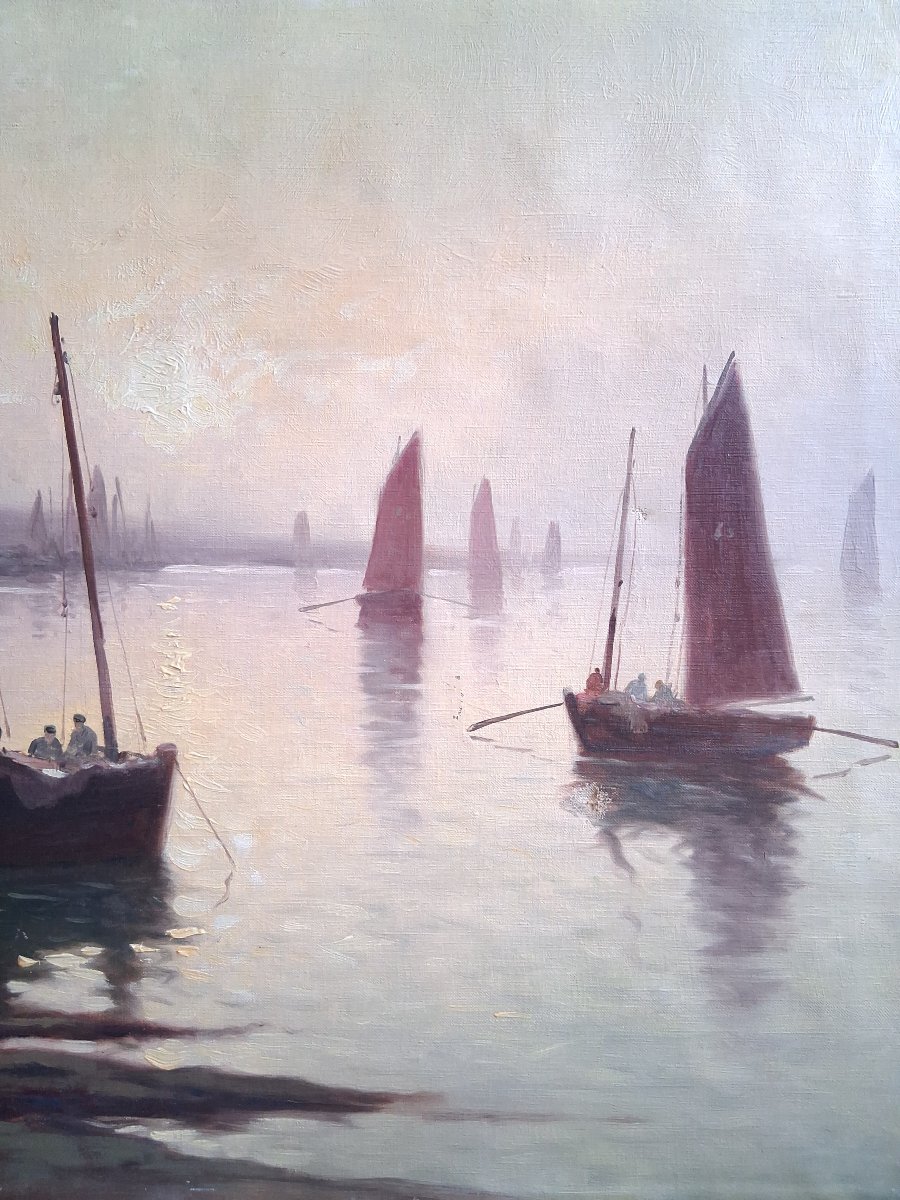 Paul Philippe (1870–1930) Oil On Canvas Marine Port Return From Fishing At Dusk Brittany-photo-4