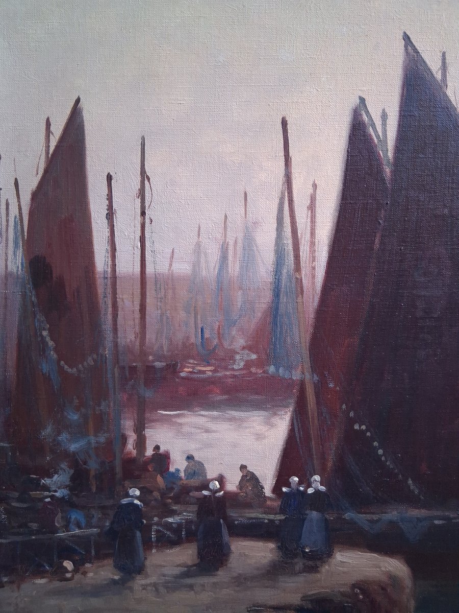Paul Philippe (1870–1930) Oil On Canvas Marine Port Return From Fishing At Dusk Brittany-photo-1