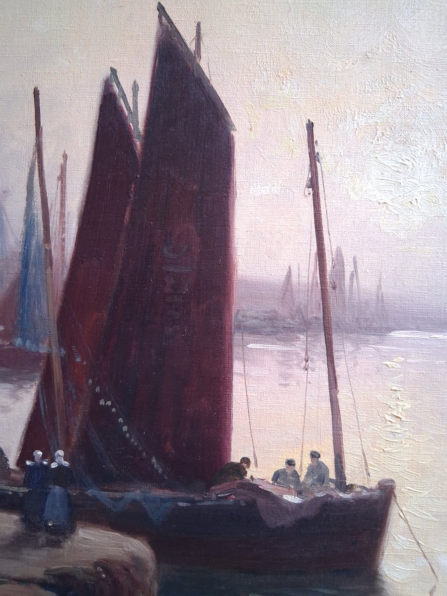 Paul Philippe (1870–1930) Oil On Canvas Marine Port Return From Fishing At Dusk Brittany-photo-2