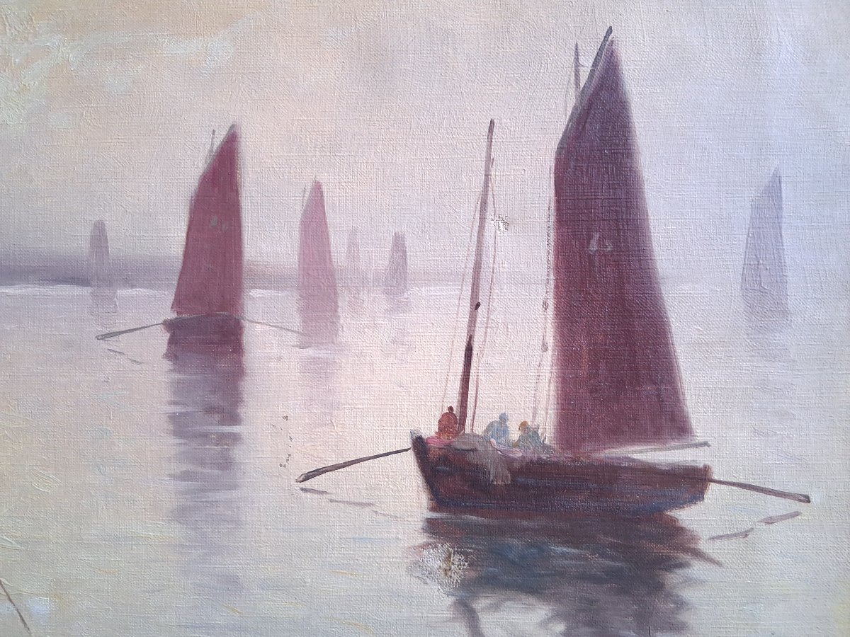 Paul Philippe (1870–1930) Oil On Canvas Marine Port Return From Fishing At Dusk Brittany-photo-3