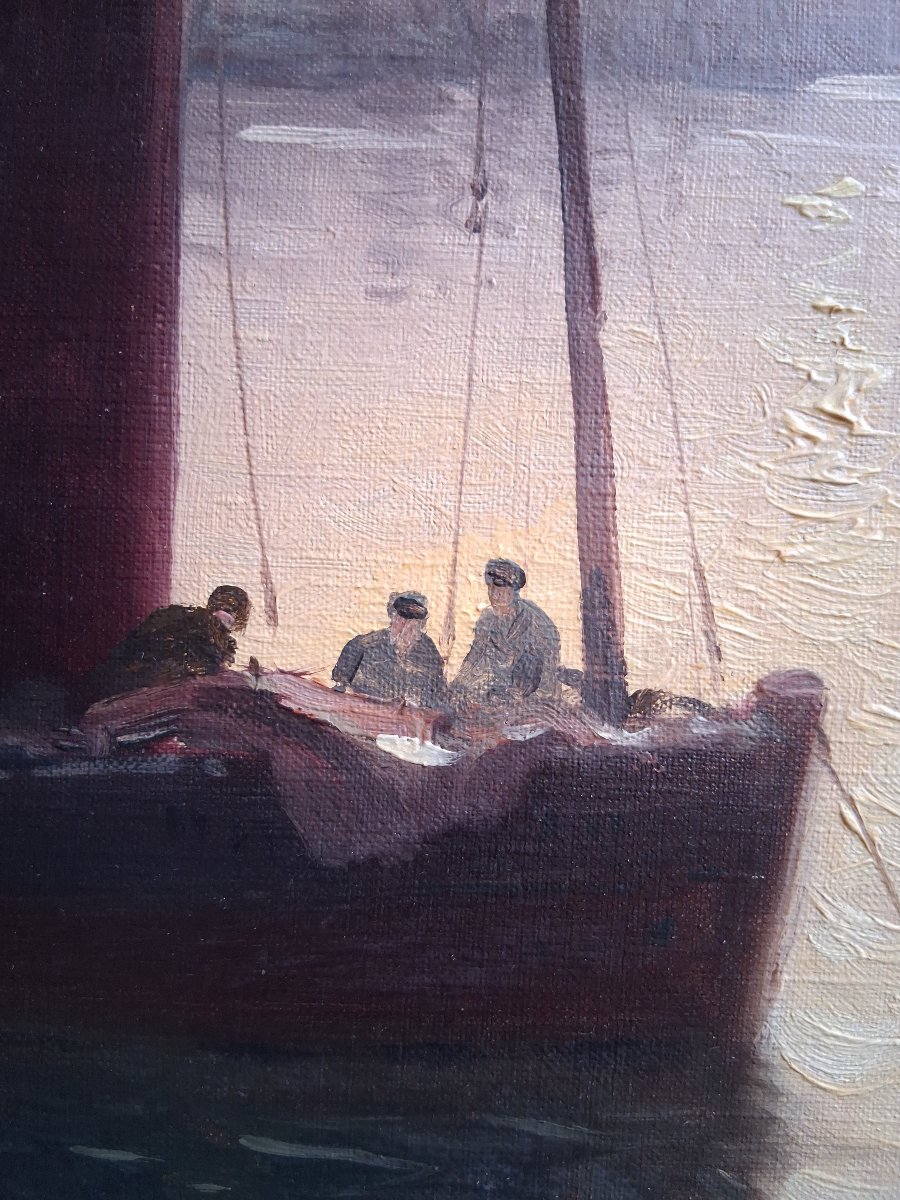 Paul Philippe (1870–1930) Oil On Canvas Marine Port Return From Fishing At Dusk Brittany-photo-5