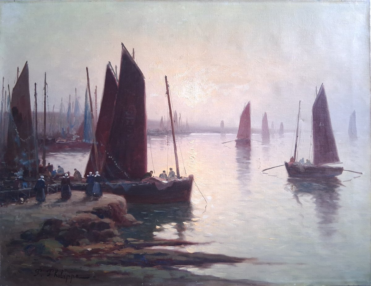 Paul Philippe (1870–1930) Oil On Canvas Marine Port Return From Fishing At Dusk Brittany