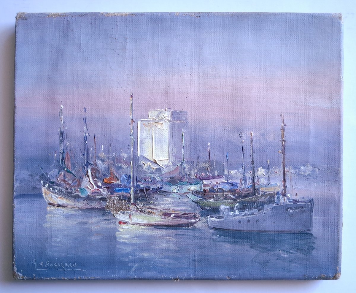 Gabriel AUGIZEAU (1894-1963) Les Sables d'Olonne port au coucher du soleil huile sur toile-photo-2