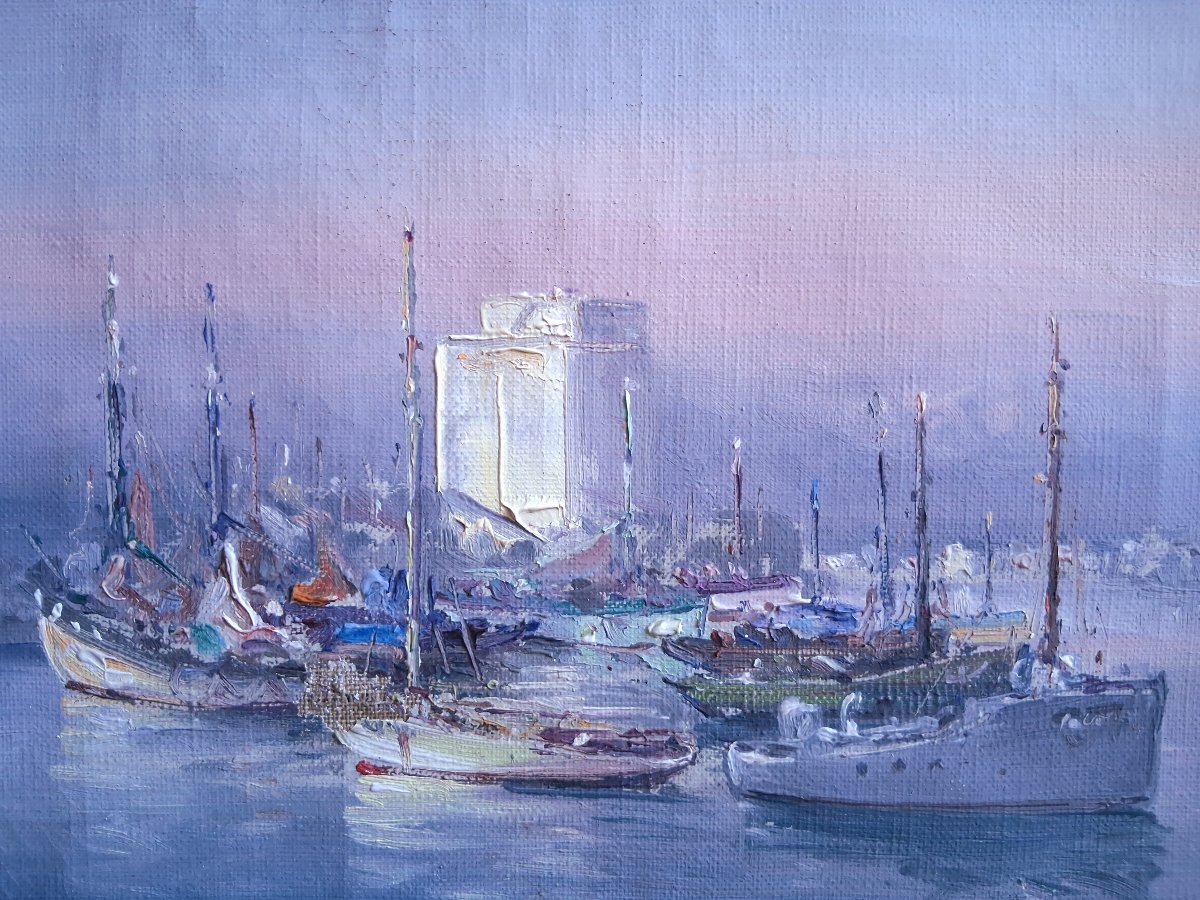 Gabriel AUGIZEAU (1894-1963) Les Sables d'Olonne port au coucher du soleil huile sur toile-photo-3