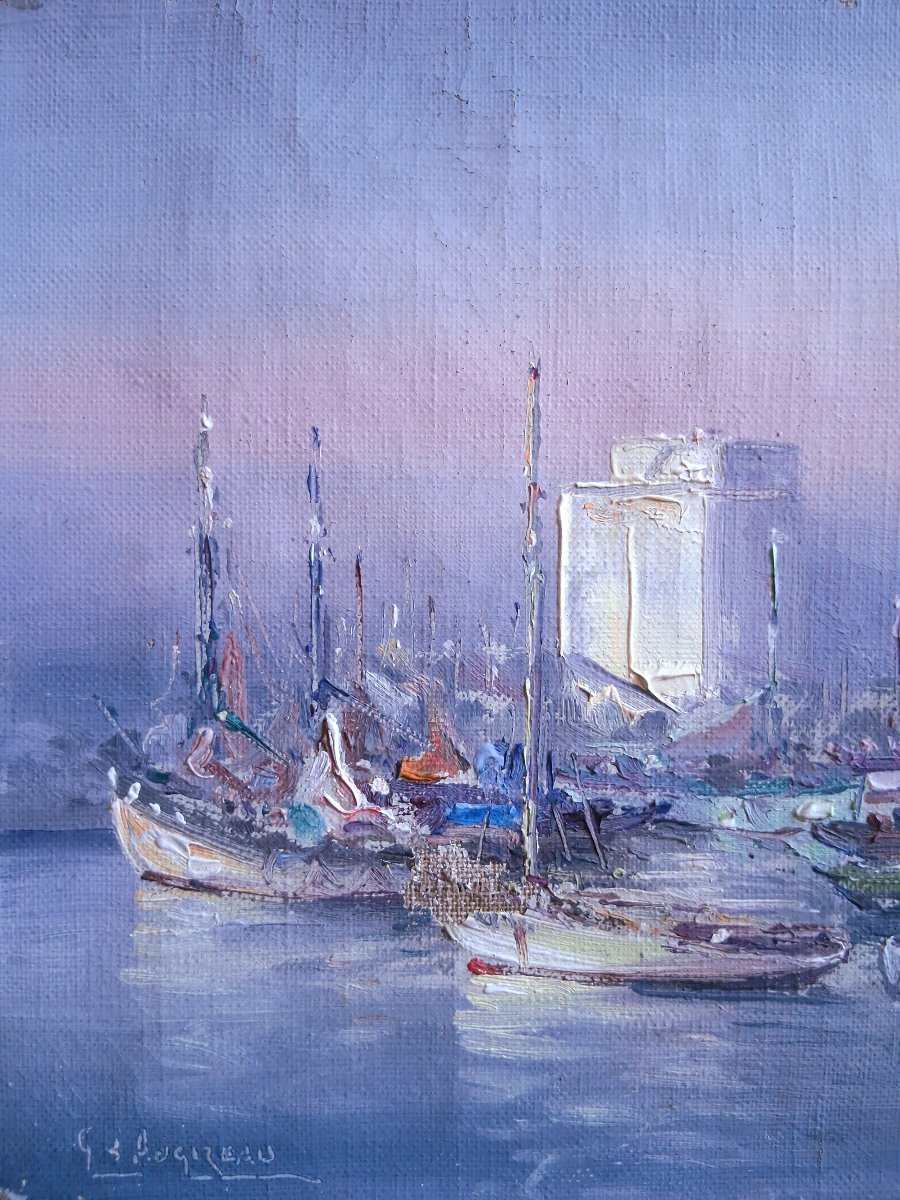 Gabriel AUGIZEAU (1894-1963) Les Sables d'Olonne port au coucher du soleil huile sur toile-photo-4