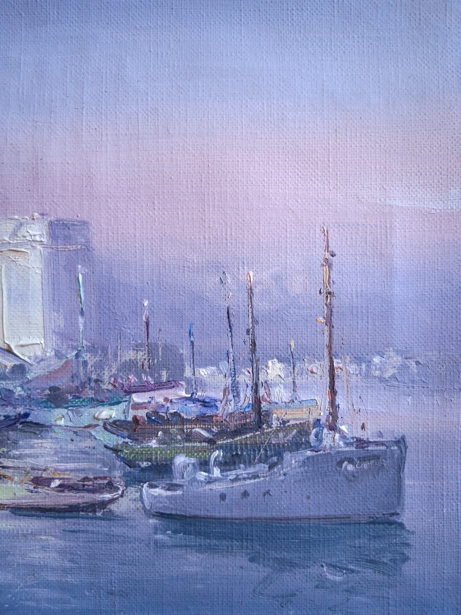 Gabriel AUGIZEAU (1894-1963) Les Sables d'Olonne port au coucher du soleil huile sur toile-photo-1