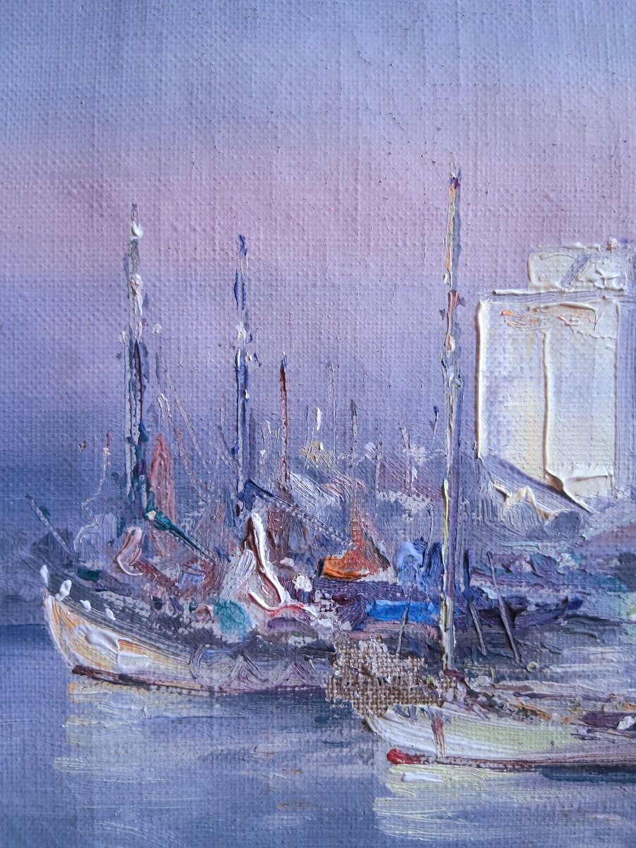Gabriel AUGIZEAU (1894-1963) Les Sables d'Olonne port au coucher du soleil huile sur toile-photo-2