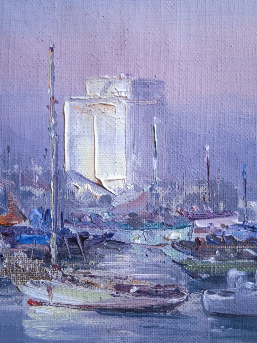 Gabriel AUGIZEAU (1894-1963) Les Sables d'Olonne port au coucher du soleil huile sur toile-photo-3