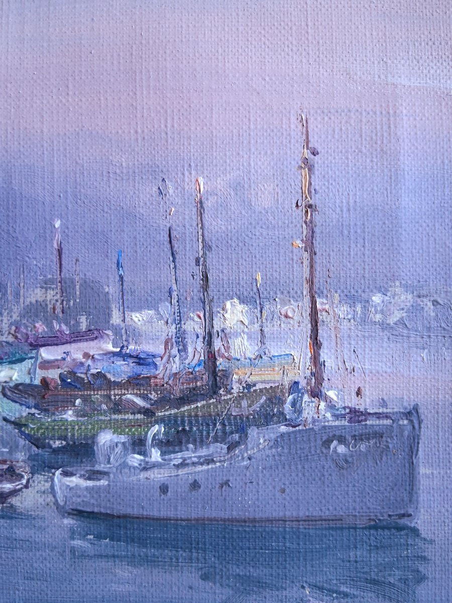 Gabriel AUGIZEAU (1894-1963) Les Sables d'Olonne port au coucher du soleil huile sur toile-photo-4