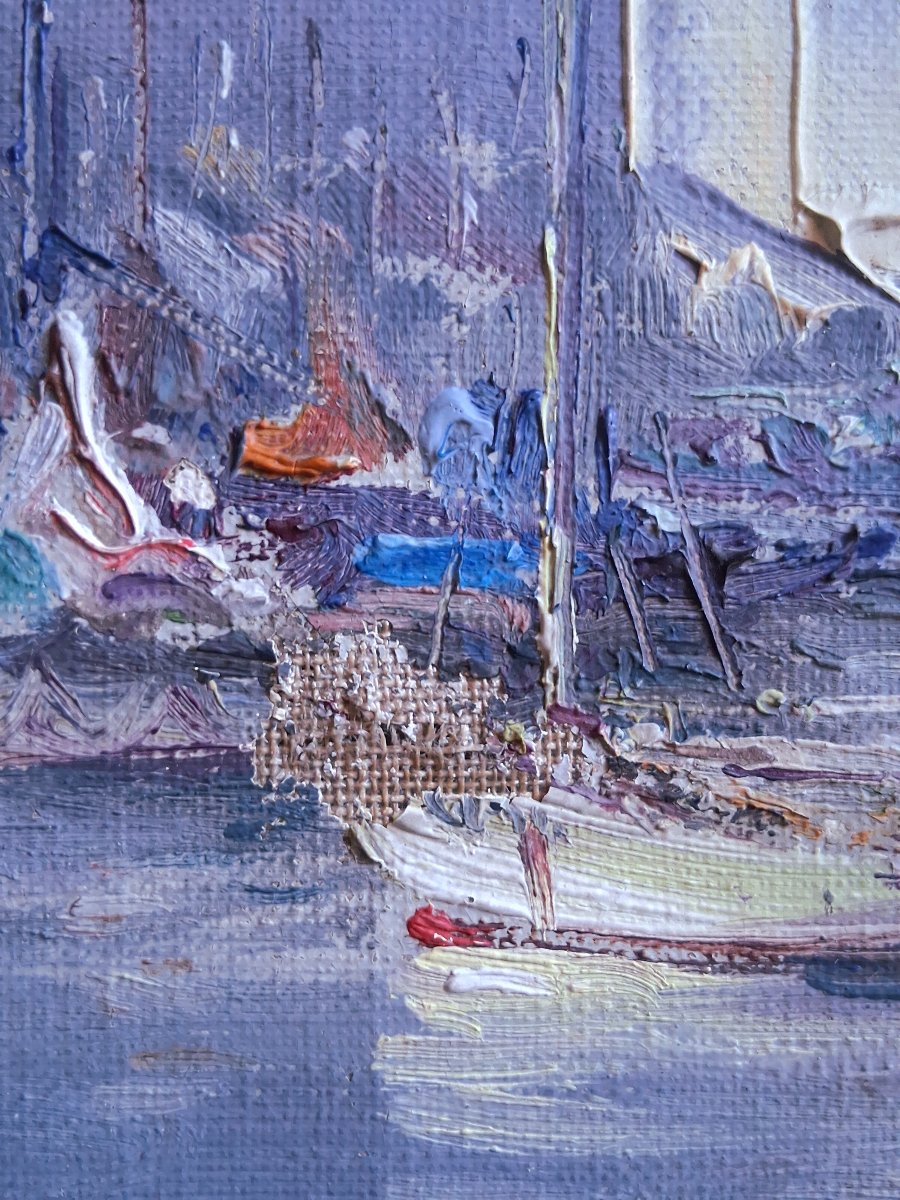 Gabriel AUGIZEAU (1894-1963) Les Sables d'Olonne port au coucher du soleil huile sur toile-photo-5