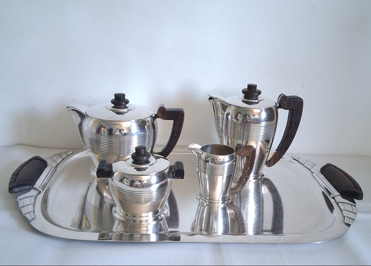 ERCUIS service à thé café en métal argenté modèle Dragon 1930 Art Déco