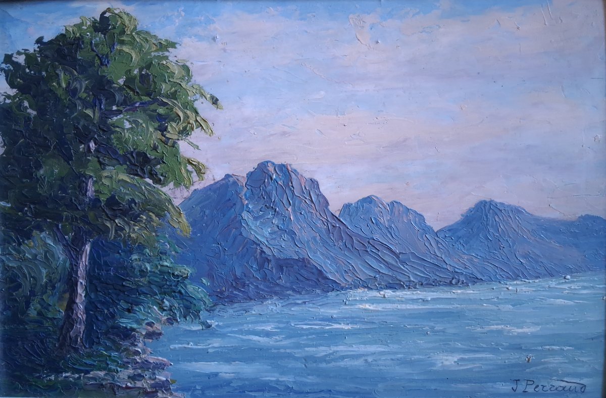 Huile sur panneau paysage de montagne lac J. PERRAUD -photo-2
