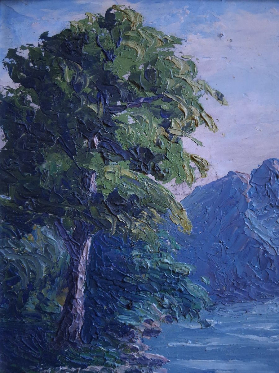 Huile sur panneau paysage de montagne lac J. PERRAUD -photo-3