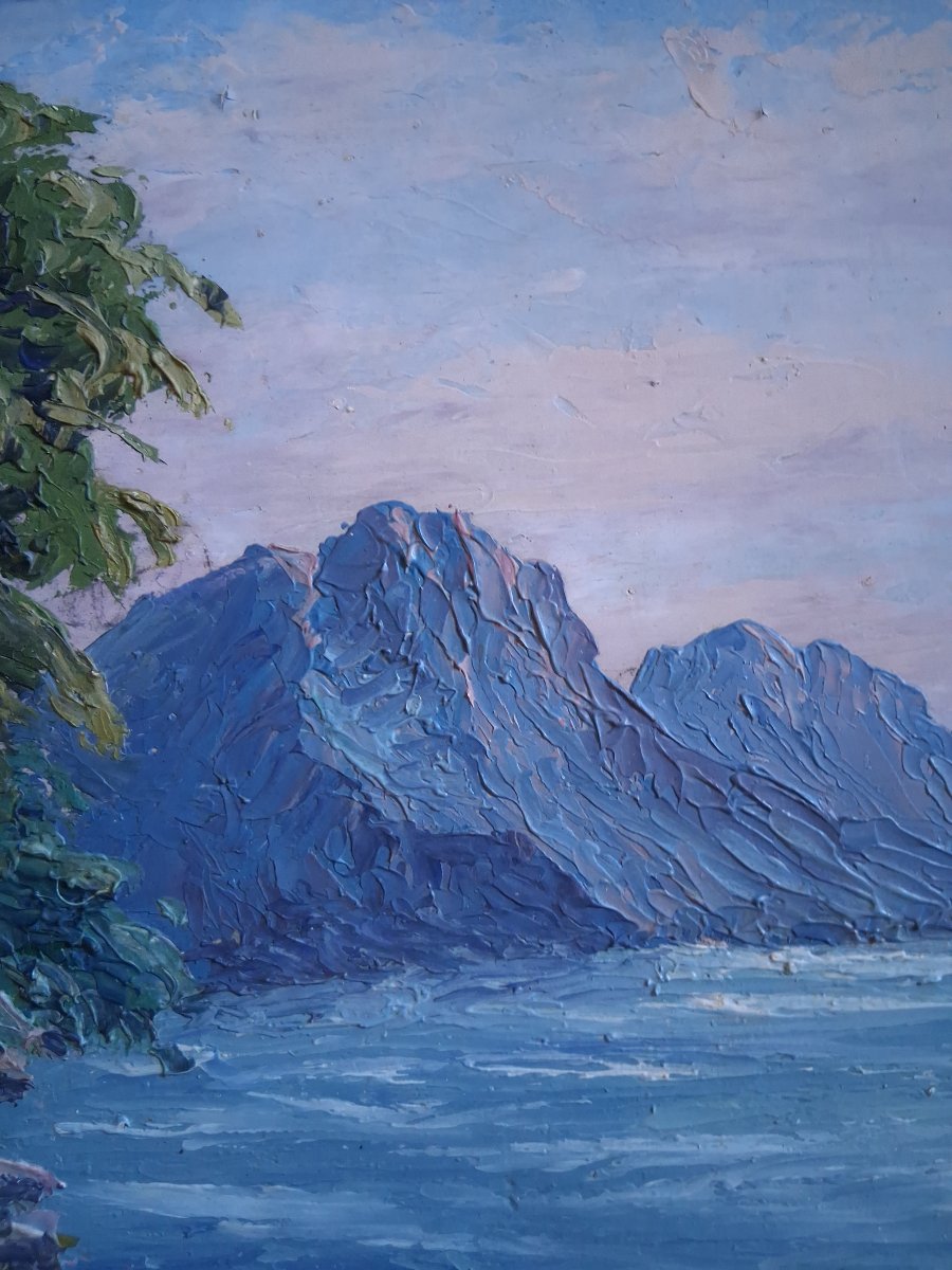 Huile sur panneau paysage de montagne lac J. PERRAUD -photo-4