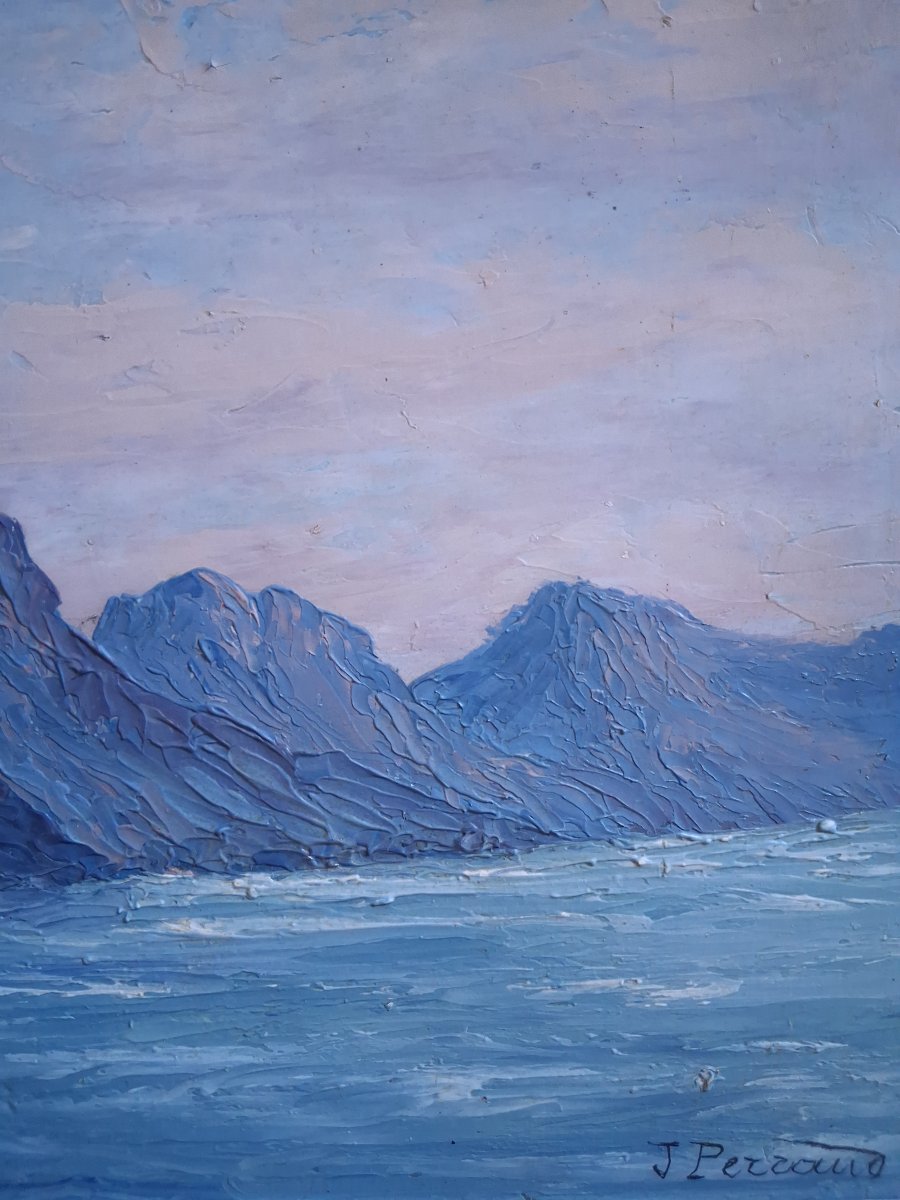 Huile sur panneau paysage de montagne lac J. PERRAUD -photo-1