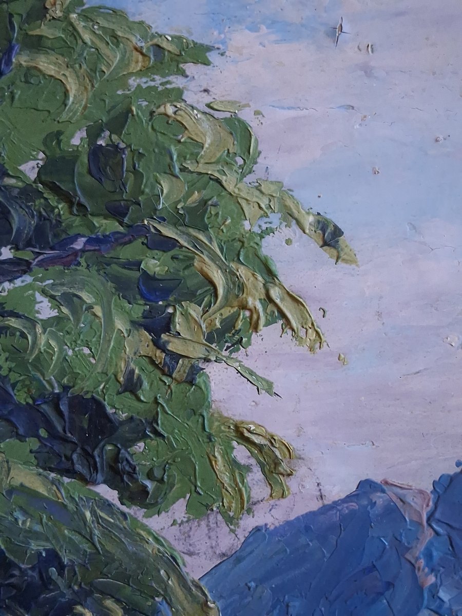 Huile sur panneau paysage de montagne lac J. PERRAUD -photo-3