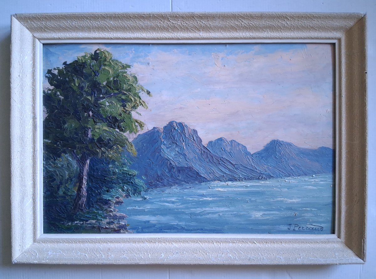 Huile sur panneau paysage de montagne lac J. PERRAUD 