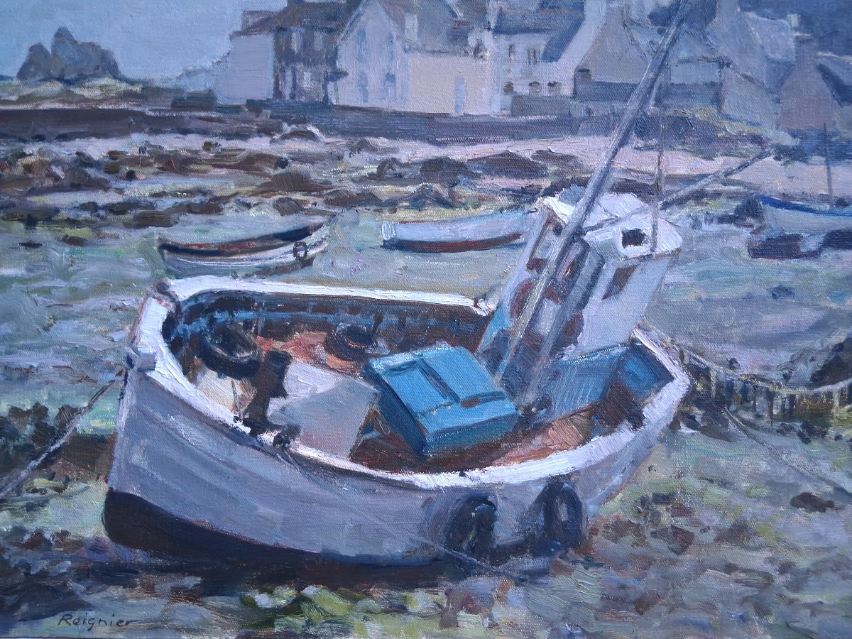 Bernard Reignier (1921–1986) Oil On Canvas Marine Boat At Low Tide In Brittany-photo-2