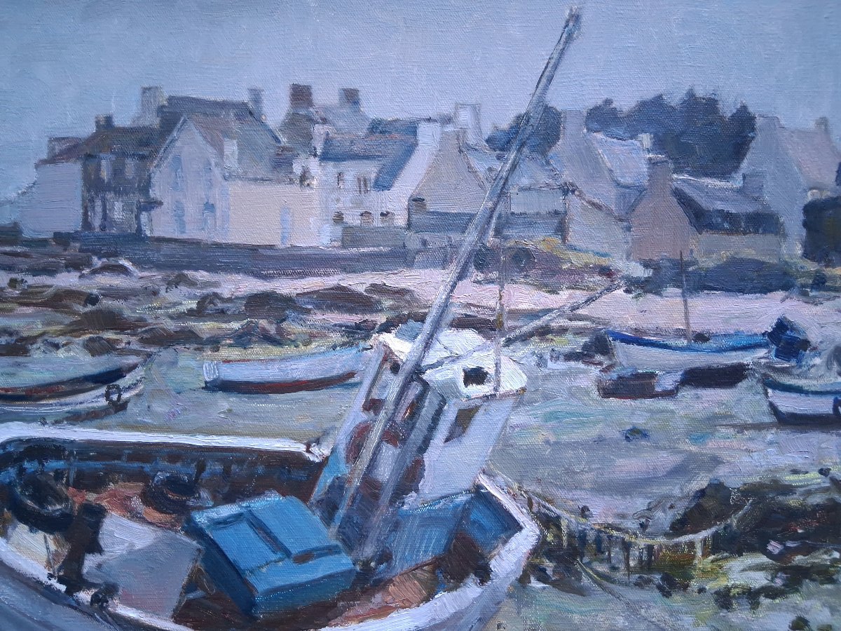 Bernard Reignier (1921–1986) Oil On Canvas Marine Boat At Low Tide In Brittany-photo-3