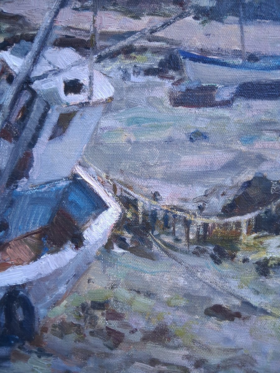 Bernard Reignier (1921–1986) Oil On Canvas Marine Boat At Low Tide In Brittany-photo-2
