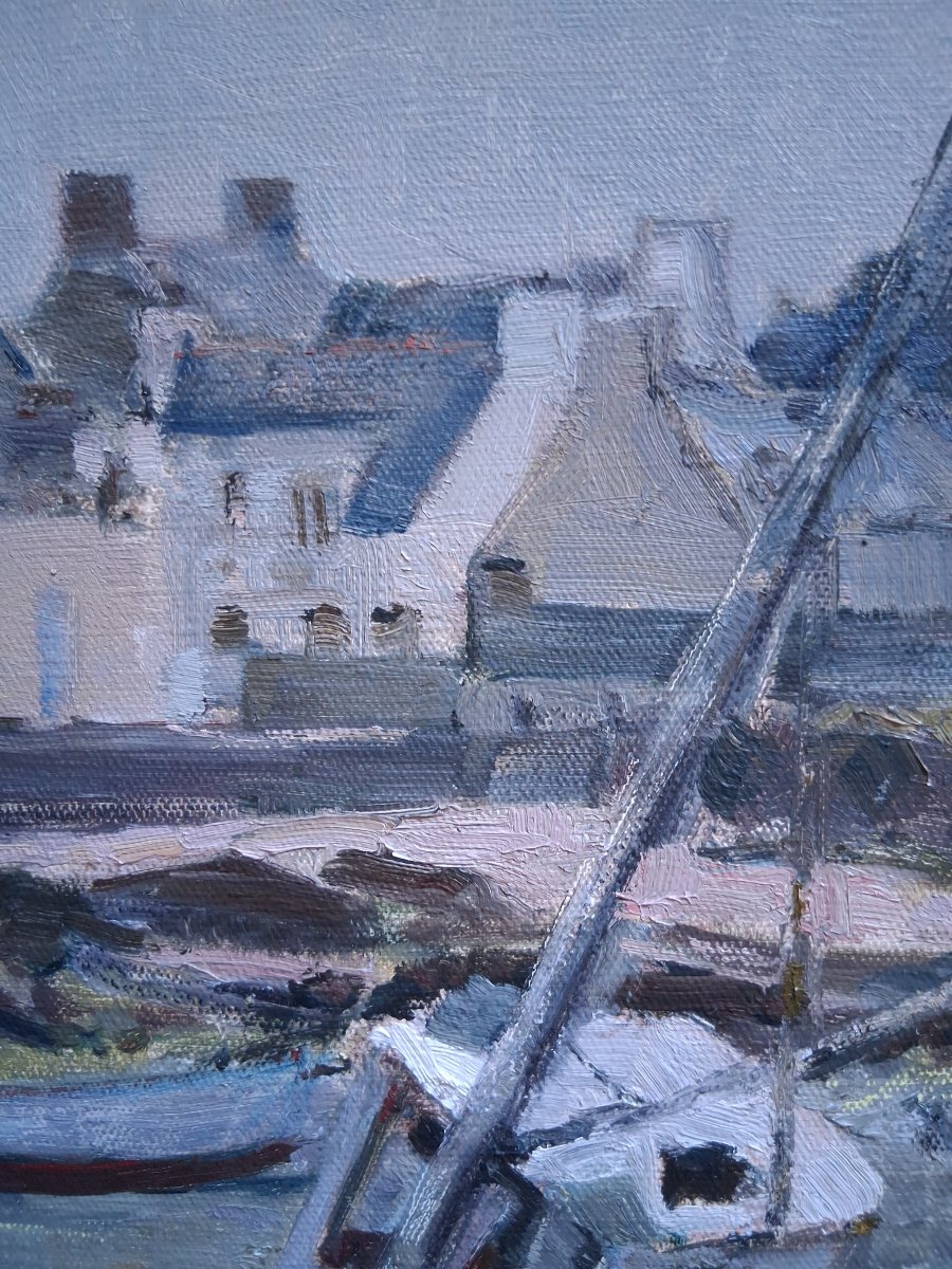 Bernard Reignier (1921–1986) Oil On Canvas Marine Boat At Low Tide In Brittany-photo-4